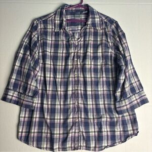 Company One Women's 3X Shirt Plaid Blue White Purple 3/4 Sleeve Cotton Button Up